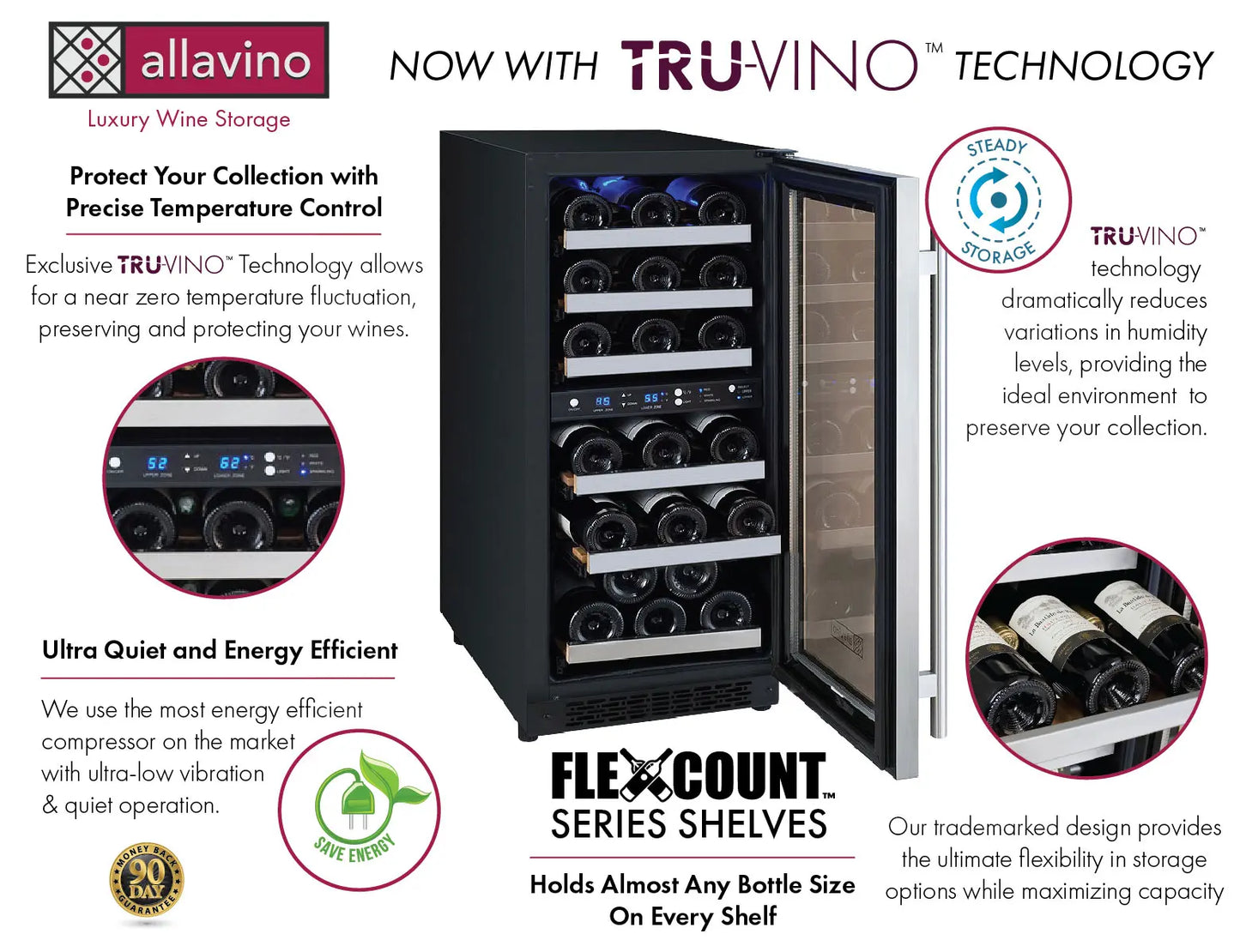 Alloe 15" Wide FlexCount II Tru-Vino 30 Bottle Dual Zone Stainless Steel Right Hinge Wine Refrigerator